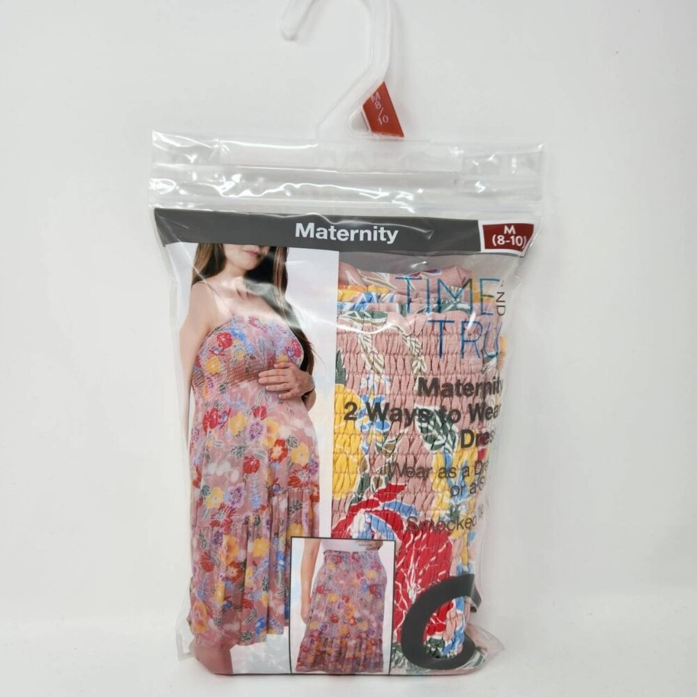 Time and Tru Maternity 2-Way Dress Smocked Floral Pink and Yellow Sz M 8-10